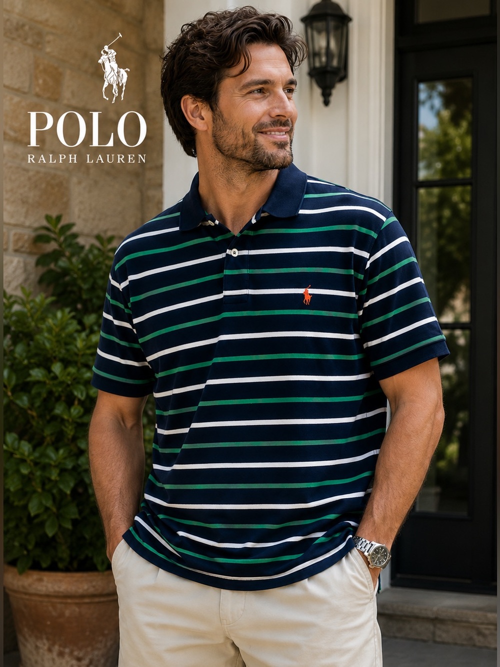 Polo Ralph Lauren Striped Polo Shirt XL Navy Green White Pony Logo Classic